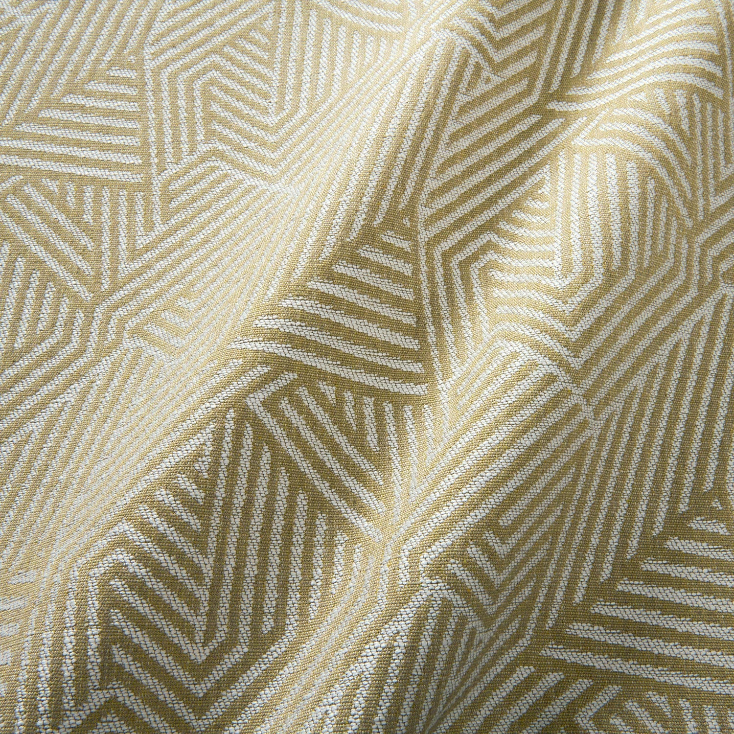 A woven fabric sample in yellow and off-white featuring a geometric pattern.