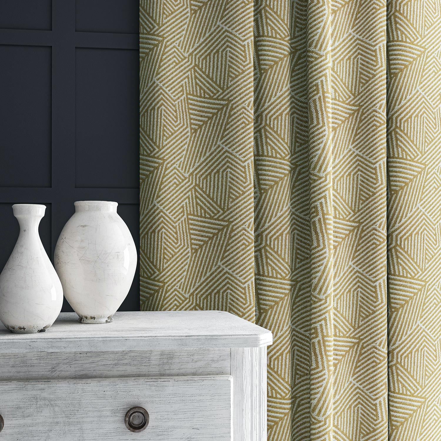 Curtain in yellow and off-white woven fabric featuring a geometric pattern.