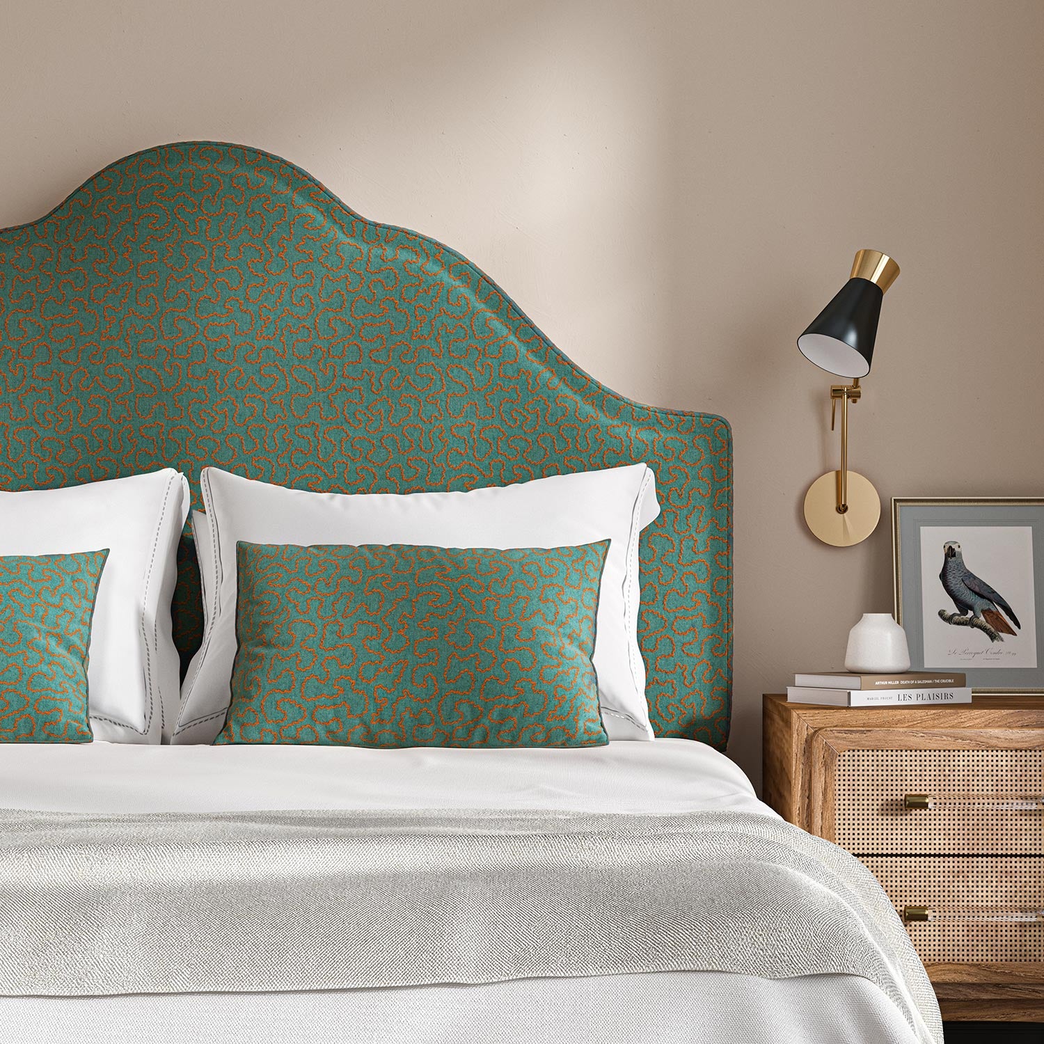 Headboard upholstered in a blue and orange woven fabric featuring a wavy pattern.