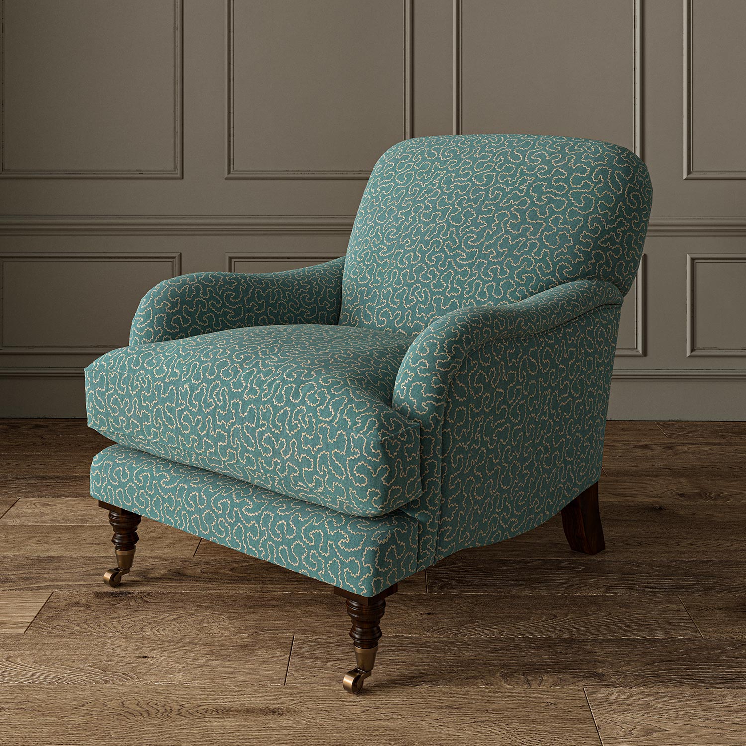 Chair upholstered in a blue and off-white woven fabric featuring a wavy pattern.