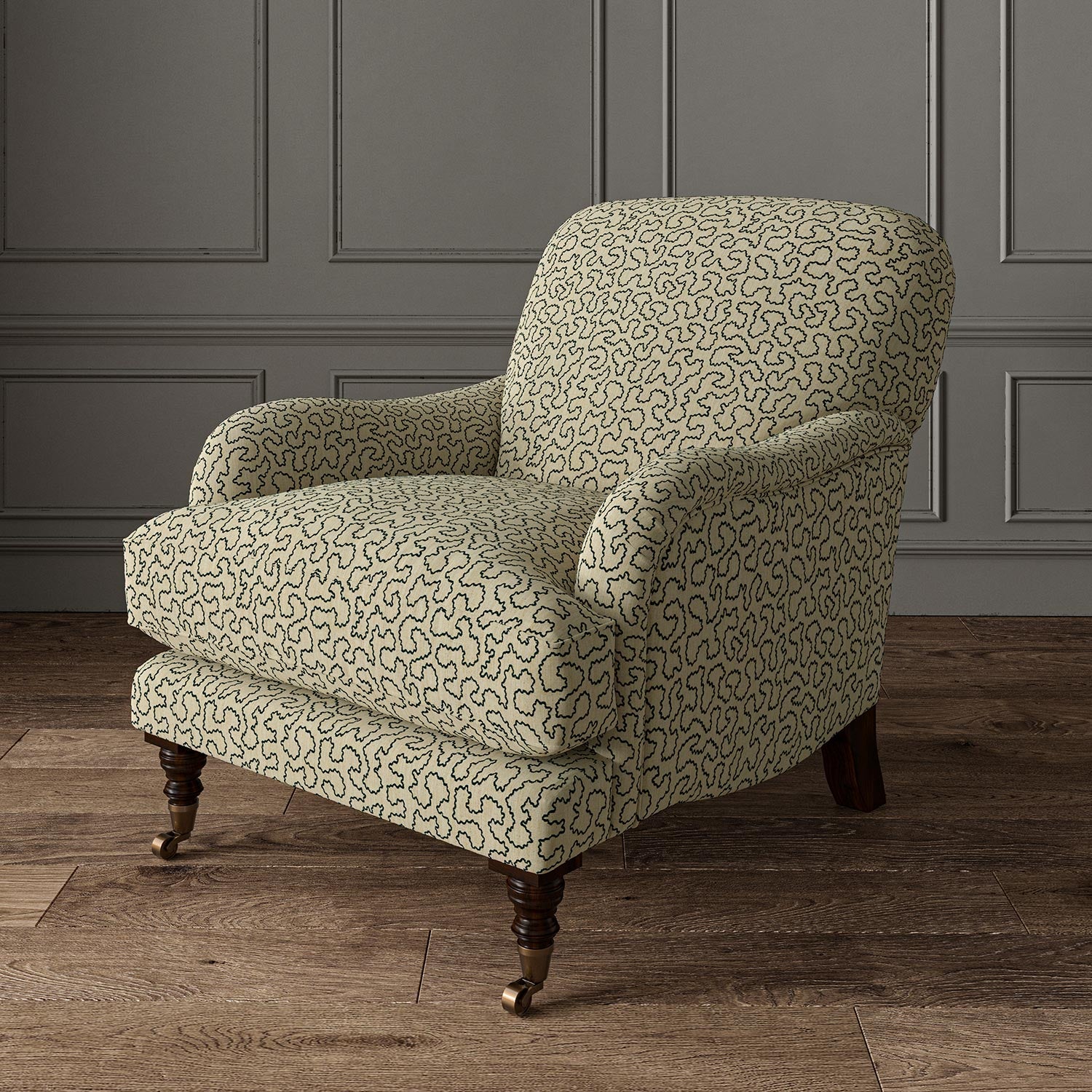 Chair upholstered in a black and beige woven fabric featuring a wavy pattern.