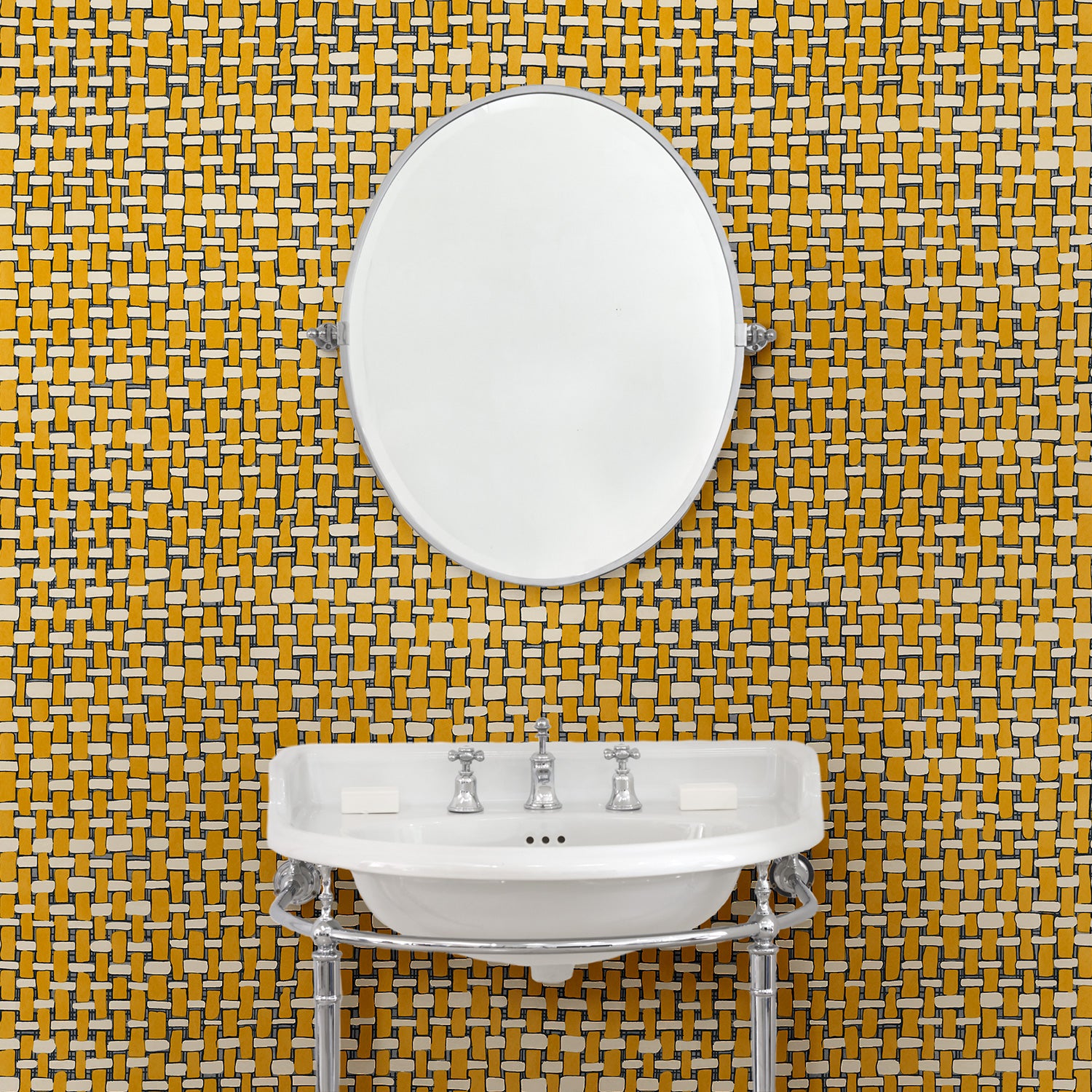 Cloakroom with yellow wallpaper with faux basketweave pattern