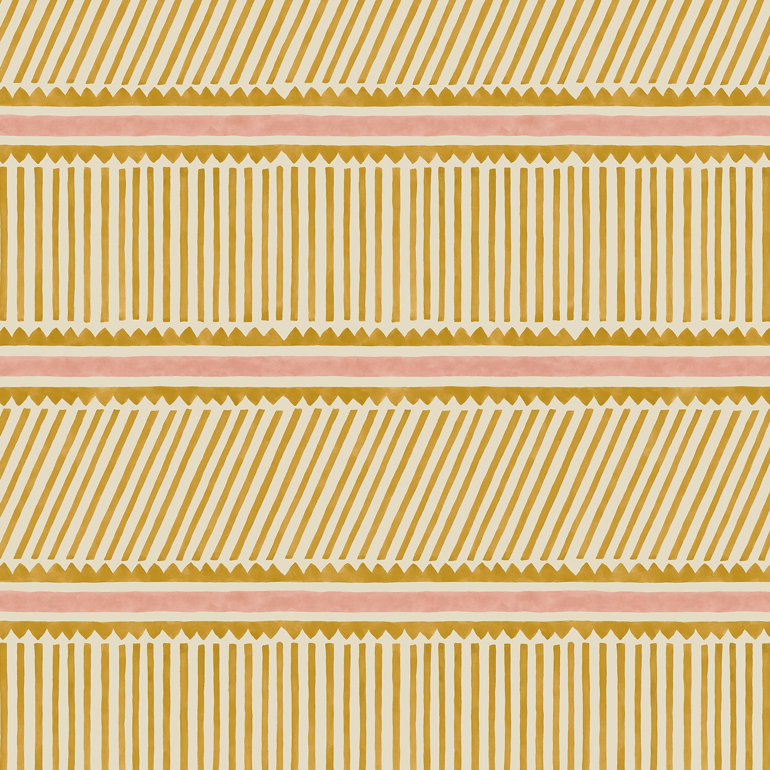 Sample of a playful gold and pink wallpaper with a combination of tonal stripes, zigzags, and matching colour bands.