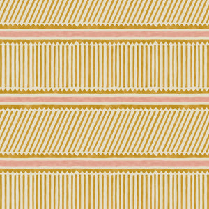 Sample of a playful gold and pink wallpaper with a combination of tonal stripes, zigzags, and matching colour bands.