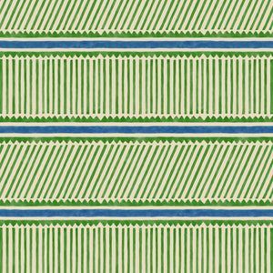 Sample of a playful green and blue wallpaper with a combination of tonal stripes, zigzags, and matching colour bands.