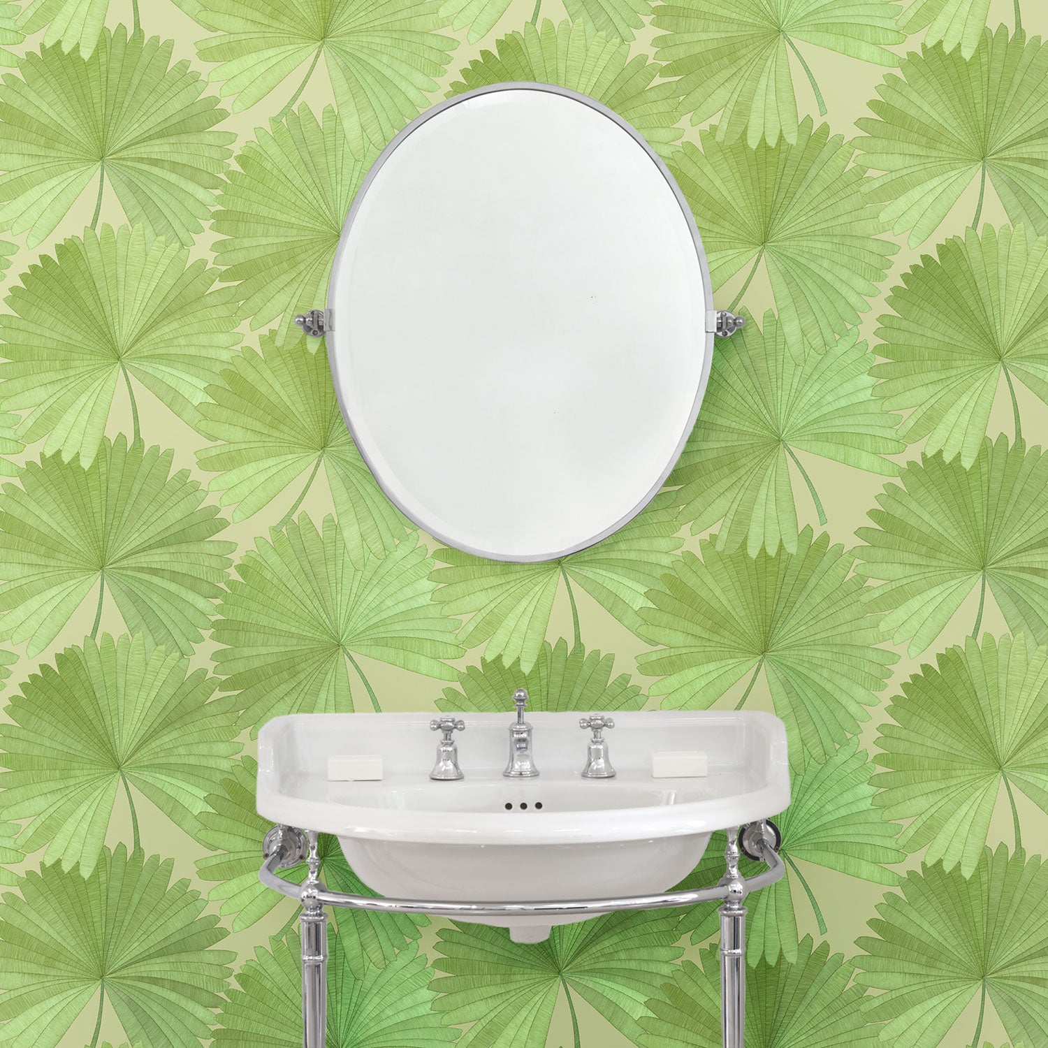 Bedroom showing a contemporary floral wallpaper with tropical palms in fresh greens.