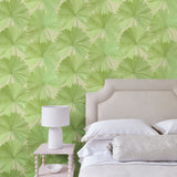Bathroom showing a contemporary floral wallpaper with tropical palms in fresh greens.