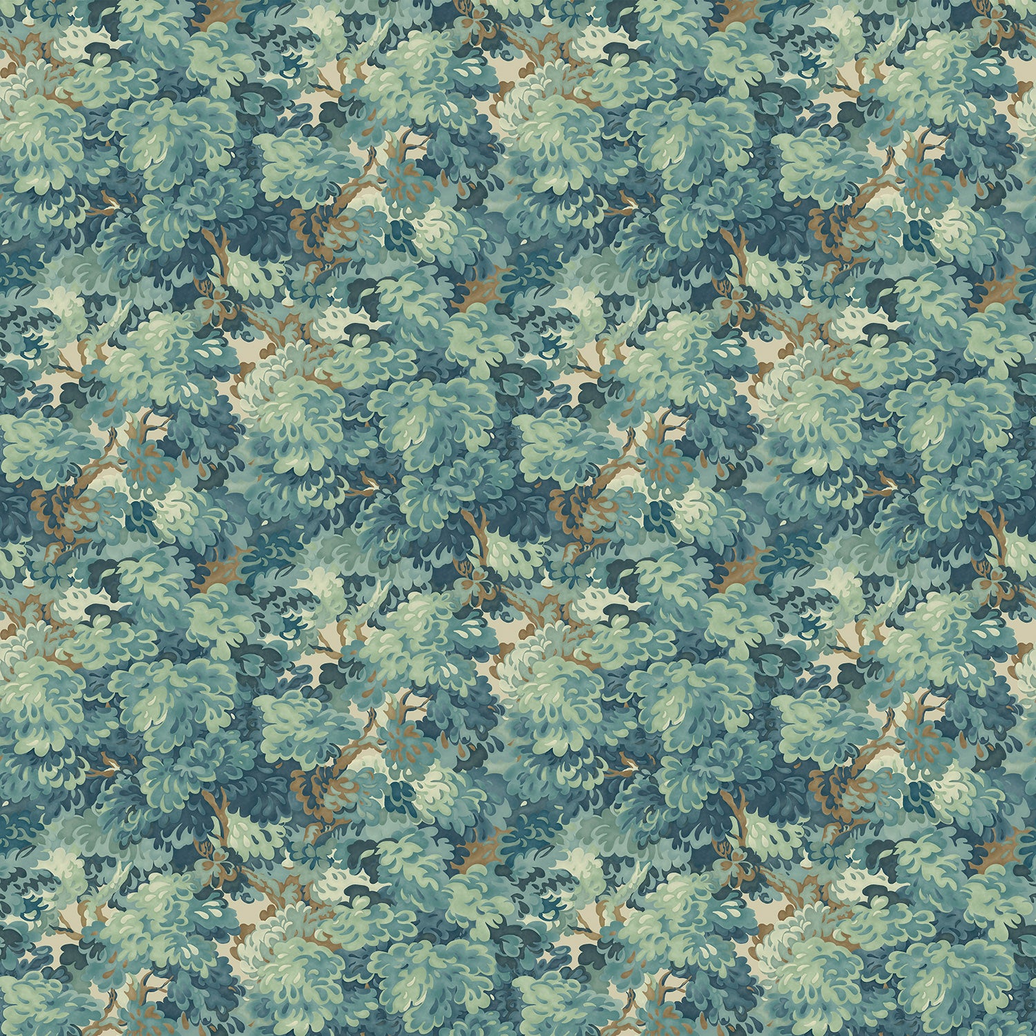 Inspired by an 18th-century garden tapestry, this blue wallpaper features the timeless beauty of English Oak canopies