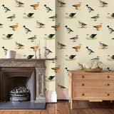 Animal wallpaper featuring ducks in a sitting room.