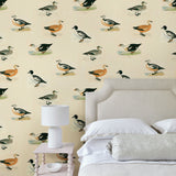 Animal wallpaper featuring ducks in a bedroom.