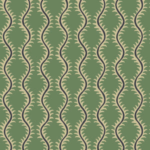 Luxurious wallpaper featuring stylised ferns and wavy lines in green and blue.