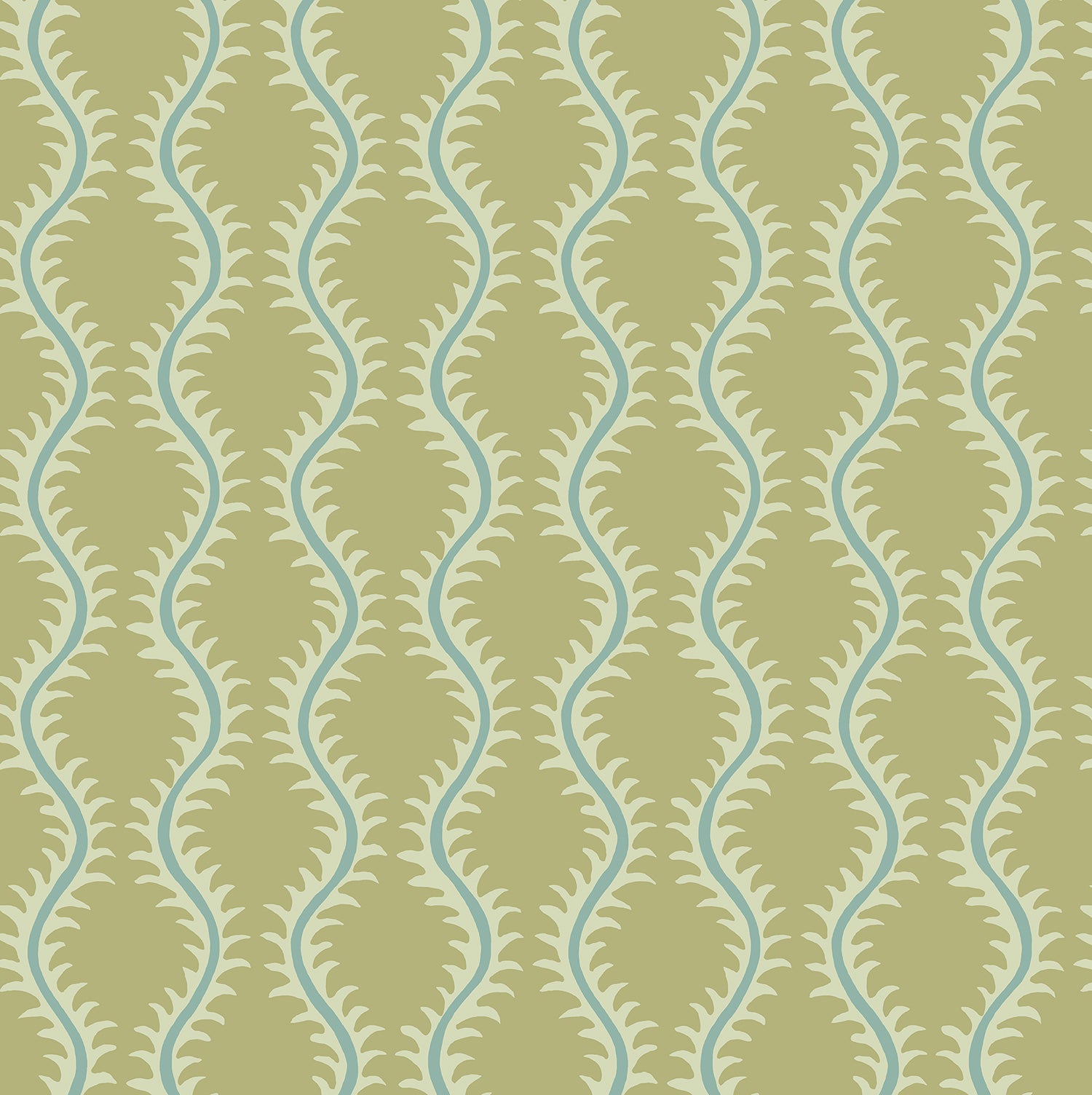 Luxurious wallpaper featuring stylised ferns and wavy lines in yellow and blue.