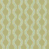 Luxurious wallpaper featuring stylised ferns and wavy lines in yellow and blue.