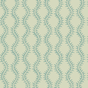 Luxurious wallpaper featuring stylised ferns and wavy lines in blue and cream.