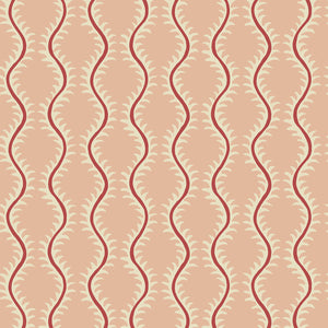 Luxurious wallpaper featuring stylised ferns and wavy lines in pink and red.