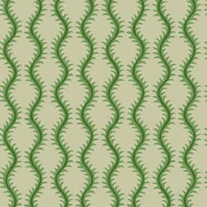 Luxurious wallpaper featuring stylised ferns and wavy lines in green and cream.