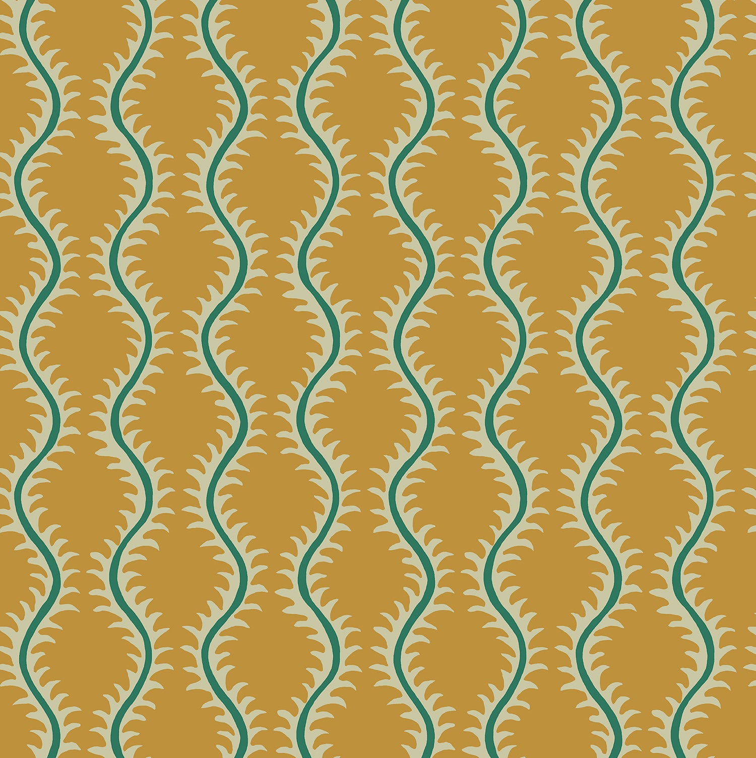 Luxurious wallpaper featuring stylised ferns and wavy lines in yellow and green.