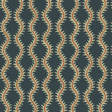 Luxurious wallpaper featuring stylised ferns and wavy lines in blue and orange.
