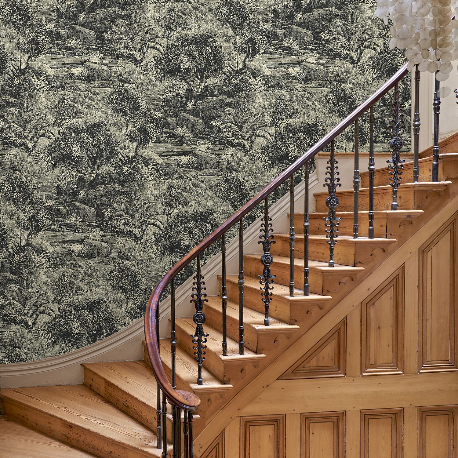 Hall featuring a toile-style designer wallpaper in charcoal.