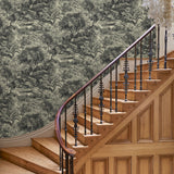 Hall featuring a toile-style designer wallpaper in charcoal.