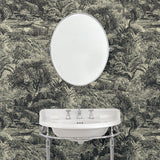 Cloakroom featuring a toile-style designer wallpaper in charcoal.