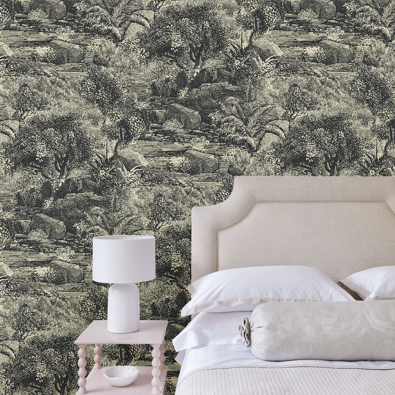 Bedroom featuring a toile-style designer wallpaper in charcoal.