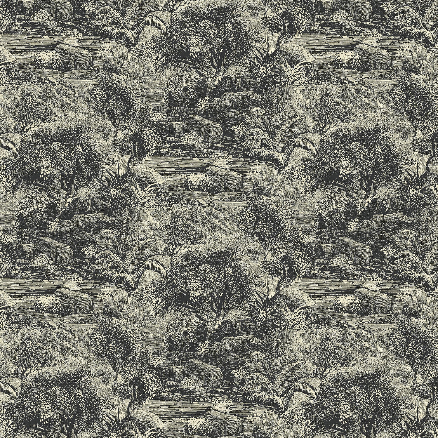 Sample of a toile-style designer wallpaper in charcoal.