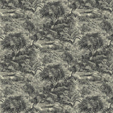 Sample of a toile-style designer wallpaper in charcoal.