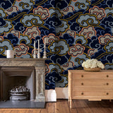 Inspired by a Japanese kimono, this designer wallpaper features an enchanting pattern of large abstract clouds.