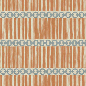 Sample of a chain-link wallpaper with different-sized blue and brown stripes.