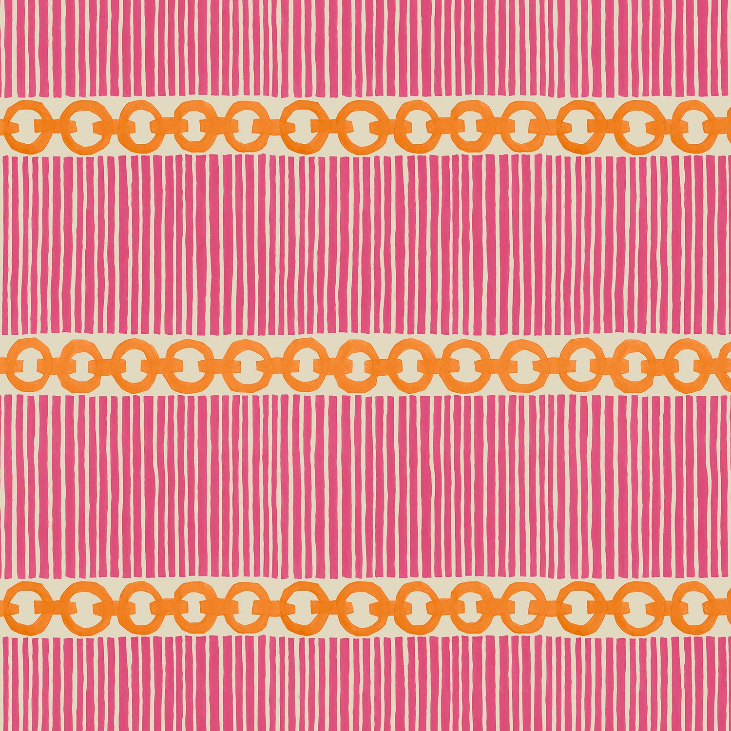 Sample of a chain-link wallpaper with different-sized orange and pink stripes.