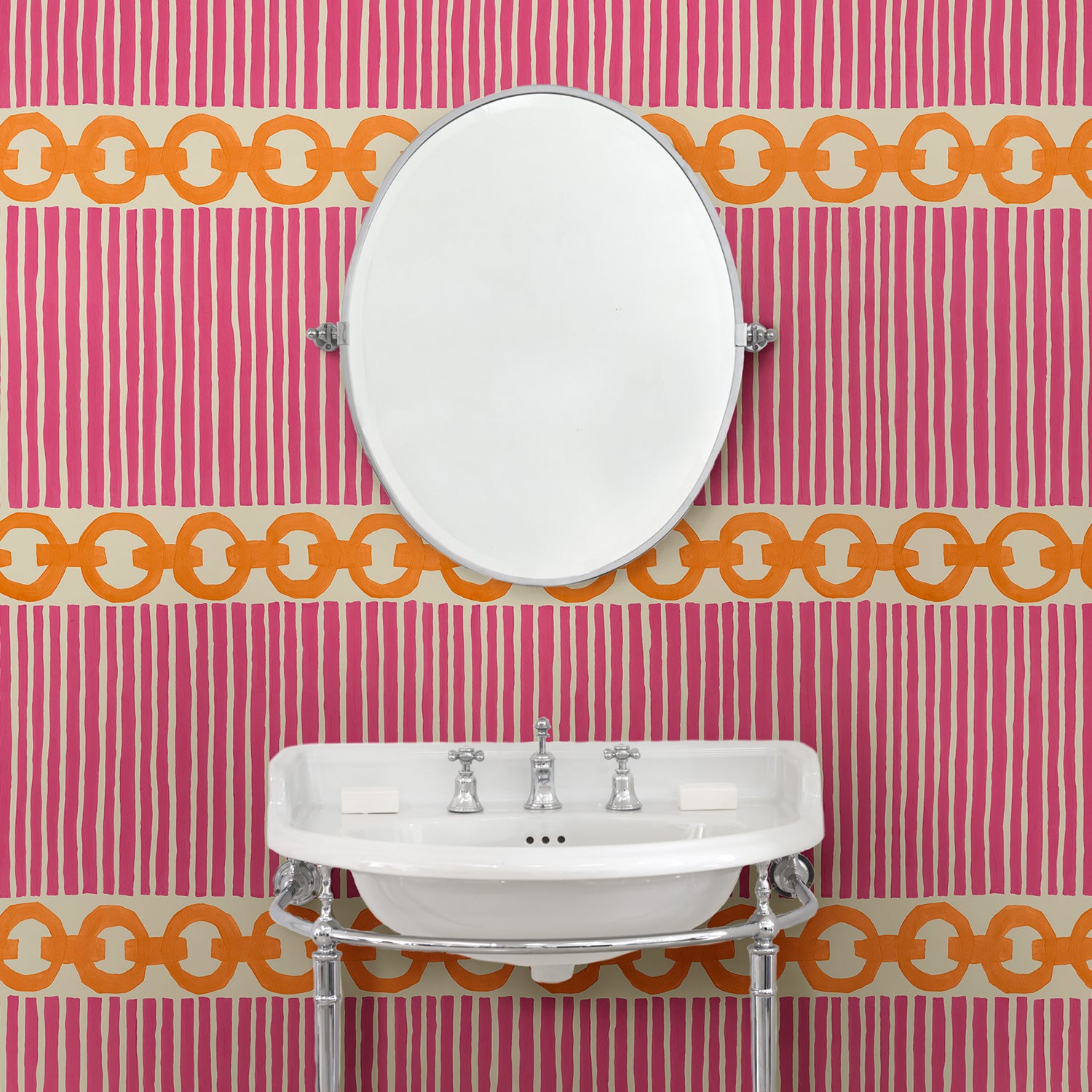 Cloakroom with a chain-link wallpaper with different-sized orange and pink stripes.