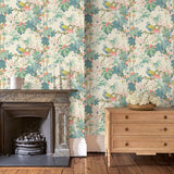 Living room featuring a floral wallpaper with exotic birds.