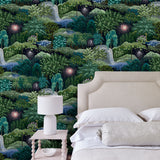 Bedroom with a designer abstract wallpaper featuring a night-time forest design.