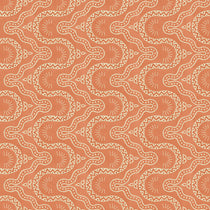 Sitting room with a orange geometric wallpaper.