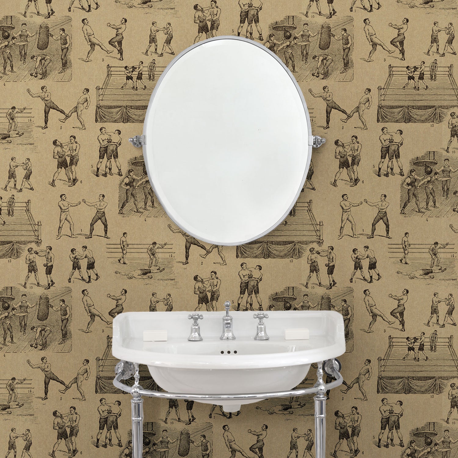 Bathroom featuring a Wallpaper featuring a vintage illustrated boxing scene