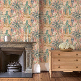 Tropical wallpaper in candy, shown in a sitting room.