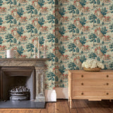 Sitting room showcasing a designer wallpaper featuring the British hunt.