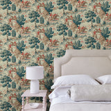 Bedroom showcasing a designer wallpaper featuring the British hunt.