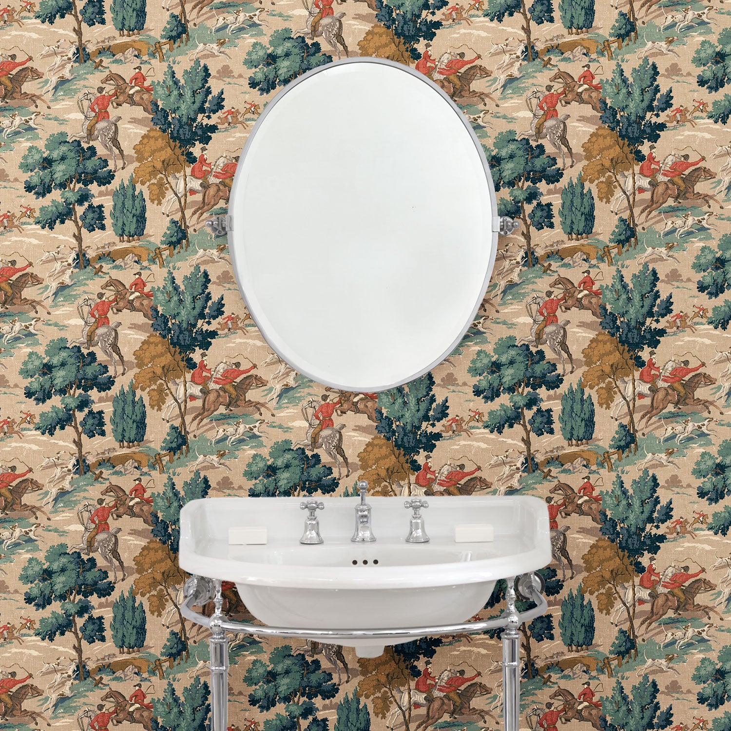 Cloakroom showcasing a designer wallpaper featuring the British hunt in blue and biscuit brown.