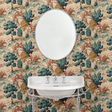 Cloakroom showcasing a designer wallpaper featuring the British hunt in blue and biscuit brown.