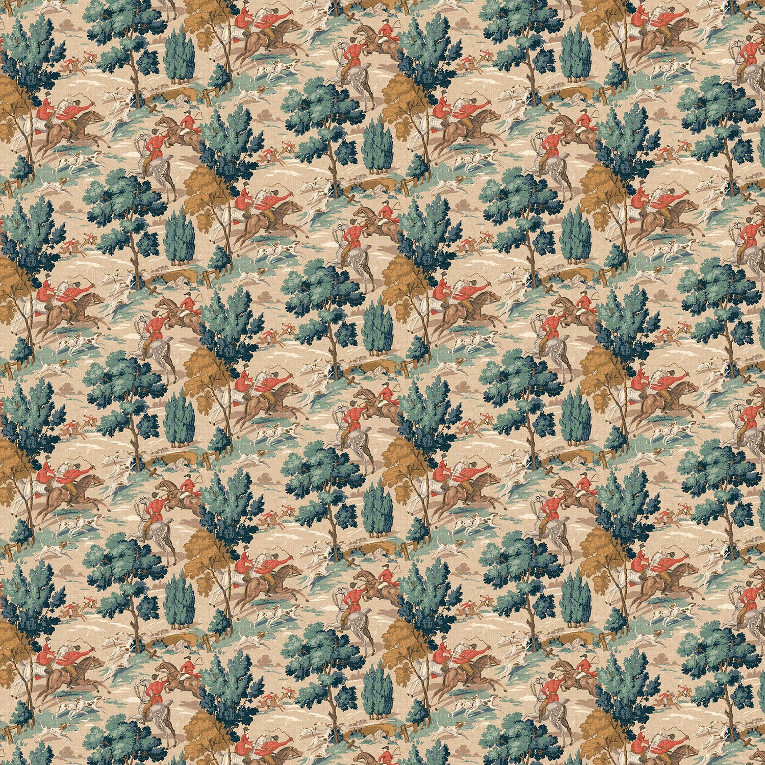 Sample of a designer wallpaper featuring the British hunt in blue and biscuit brown.