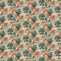 Sample of a designer wallpaper featuring the British hunt in blue and biscuit brown.
