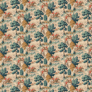 Sample of a designer wallpaper featuring the British hunt in blue and biscuit brown.