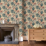 Sitting room showcasing a designer wallpaper featuring the British hunt in sage.