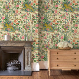 Presented in a fresh, inviting colour palette, this designer wallpaper features parrots, lions and exotic flowers.
