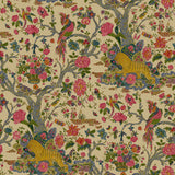 Sample of a printed velvet fabric depicts a menagerie of parrots, lions, and alluring flowers in cream