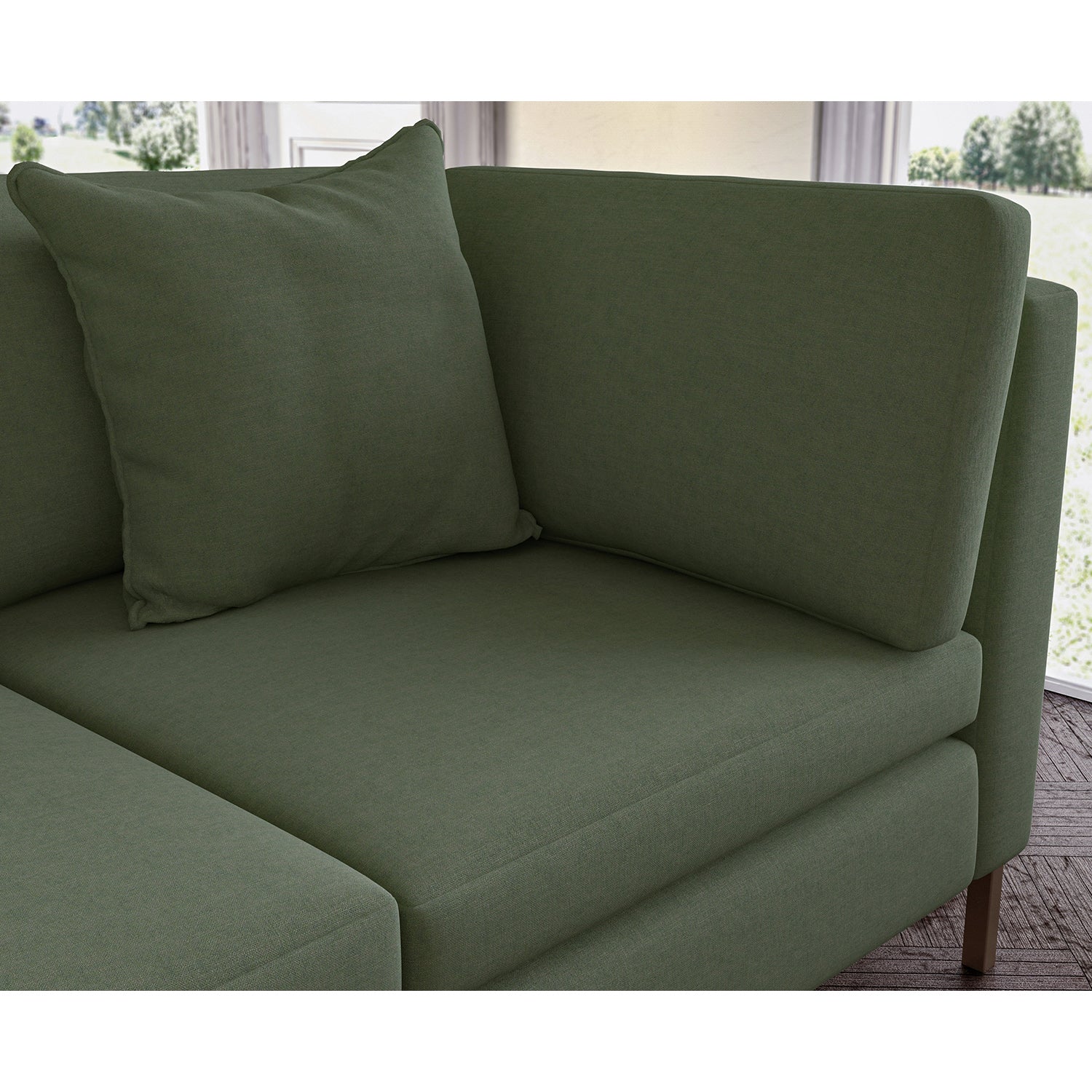 Sofa covered in plain fabric, colour Sage.