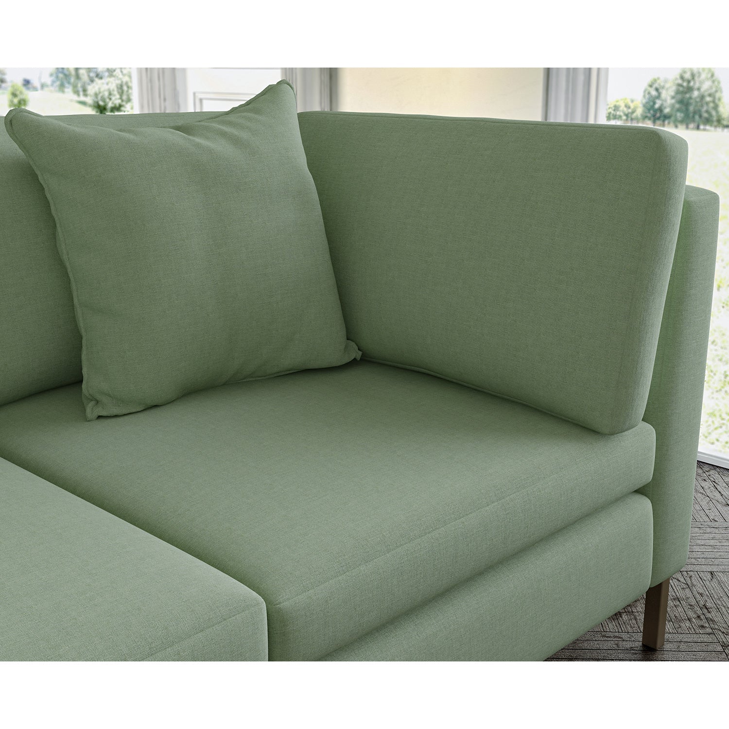 Sofa covered in plain fabric, colour Lichen.