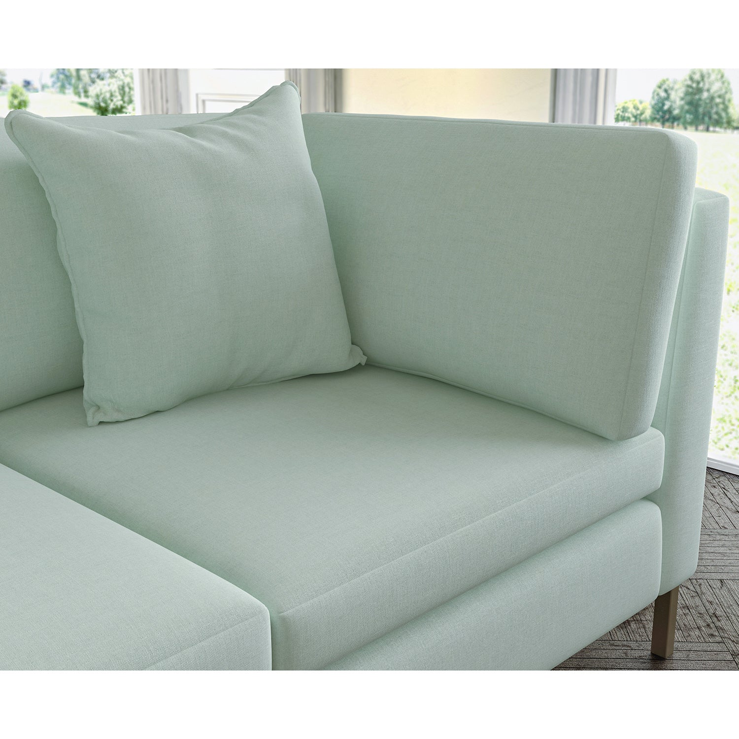 Sofa covered in plain fabric, colour Ice.